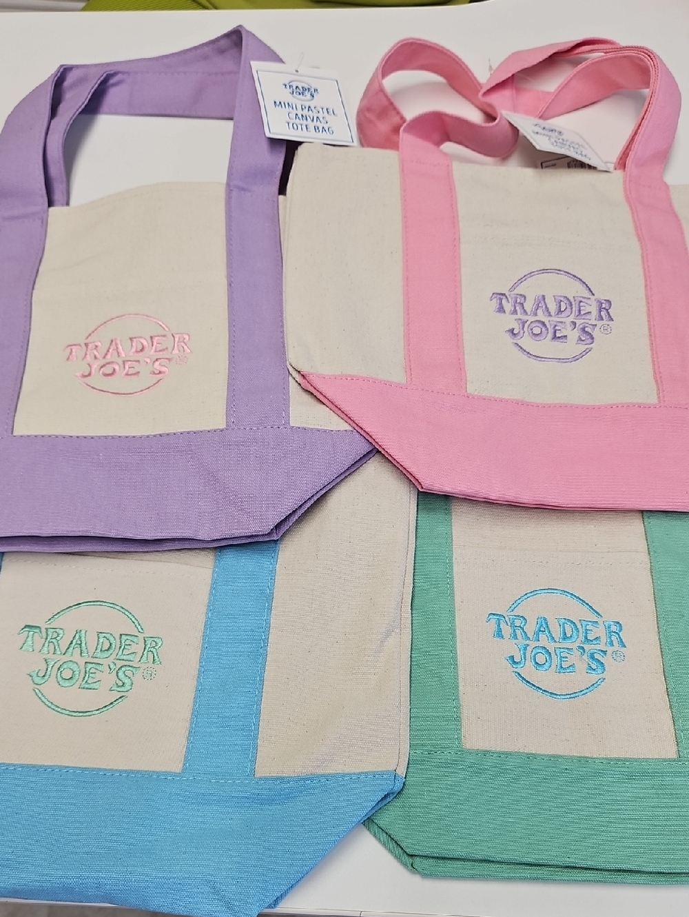 4 Pcs. Bundle Trader Joe's Canvas Shoulder Tote - Mint ,Blue, Lavender ,Pink.